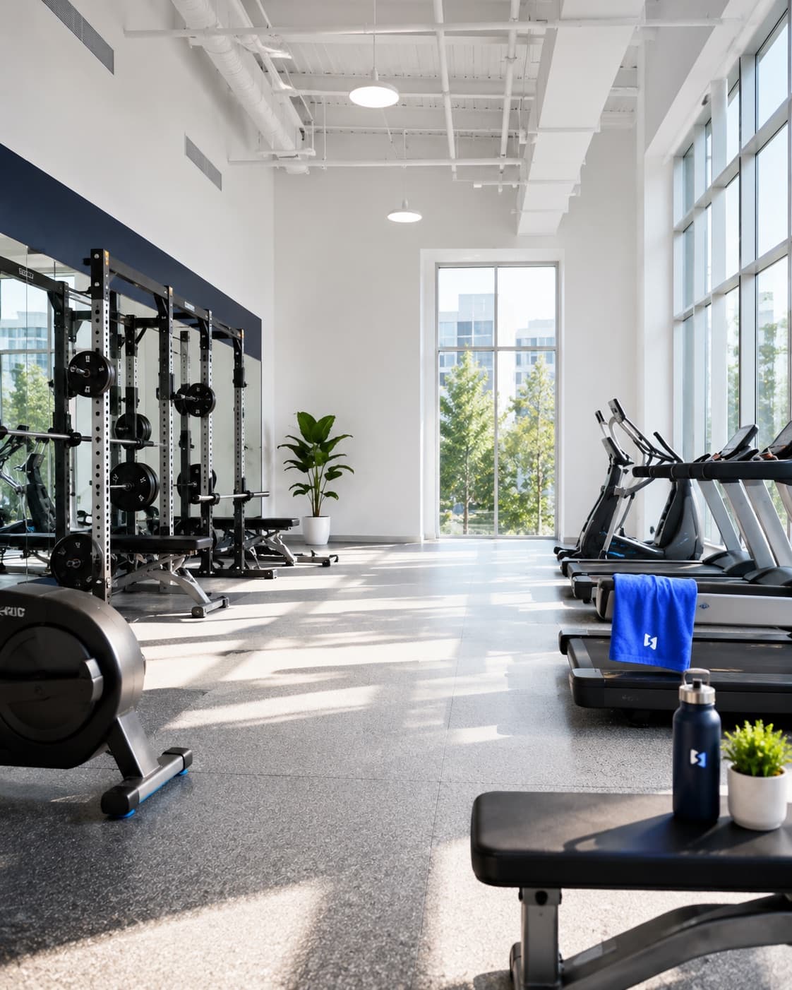 Bright, empty gym floor with a Social Mulli towel and water bottle