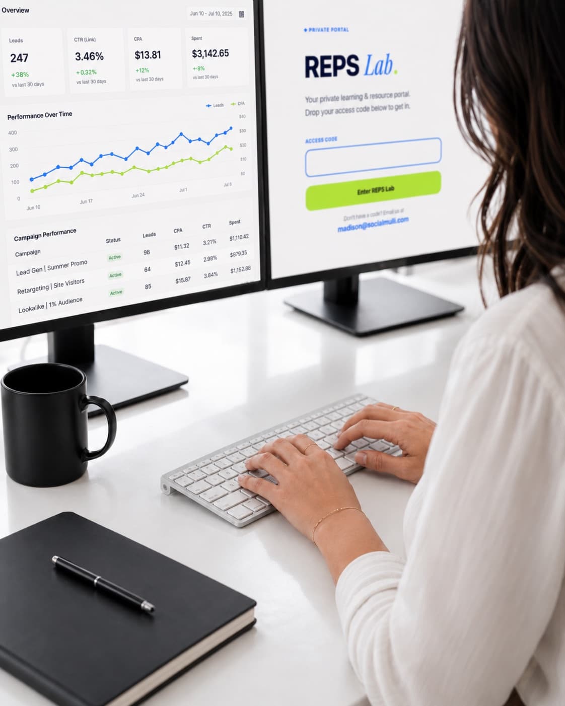 Social Mulli campaign dashboard beside the REPS Lab client portal
